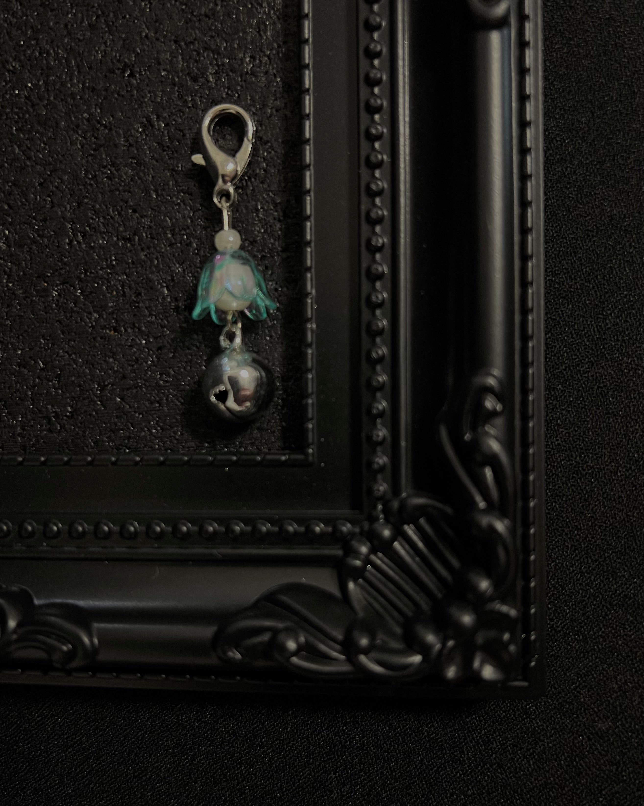 Cute Kawaii Adorable Handmade Crafted Cat and Kitty Bells for Felines to be connected to a collar. Blue and White Colour with Iridescent Flower. Coquette and Gothic Accessories for Cats