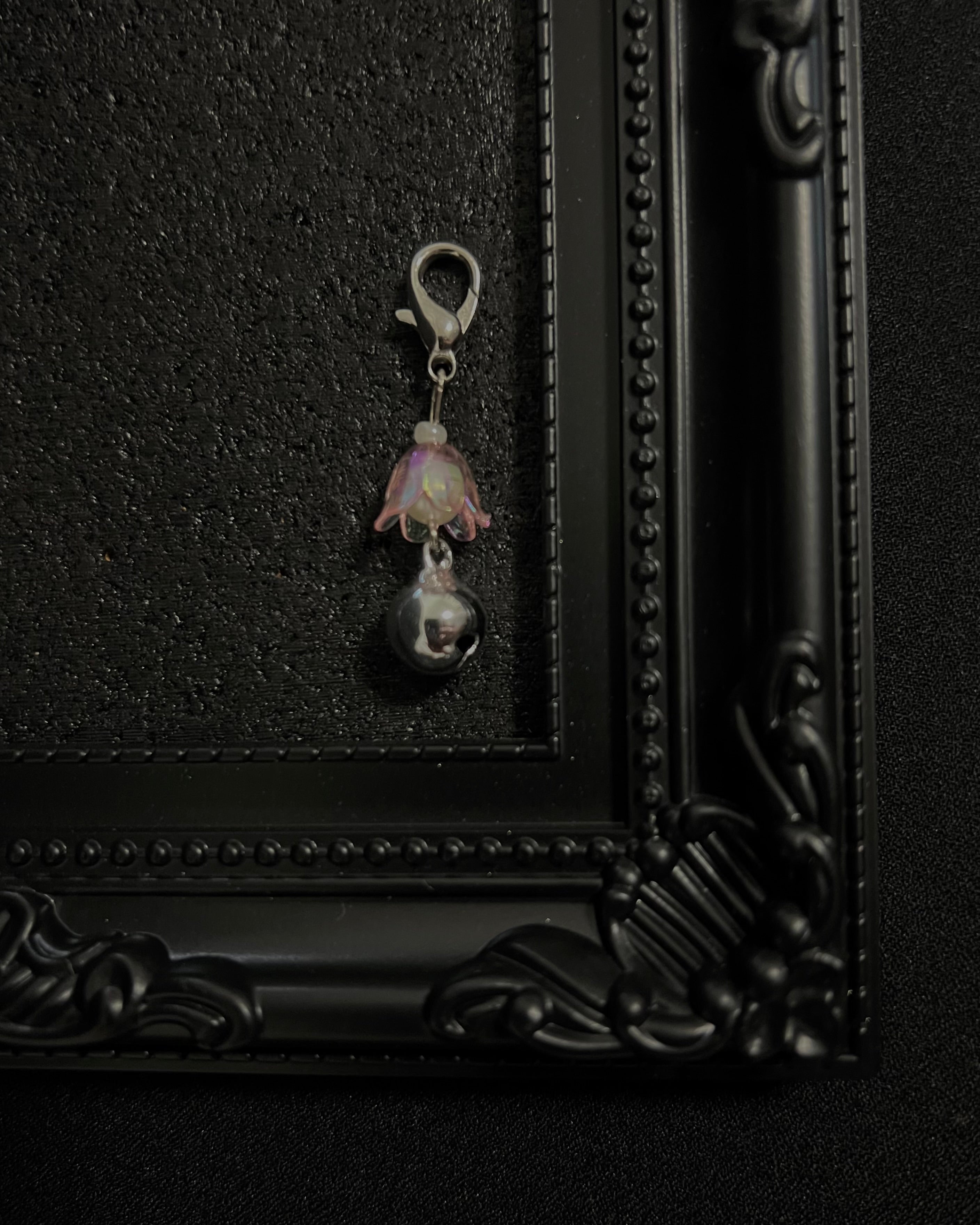 Cute Kawaii Adorable Handmade Crafted Cat and Kitty Bells for Felines to be connected to a collar. Pink and White Colour with Iridescent Flower. Coquette and Gothic Accessories for Cats