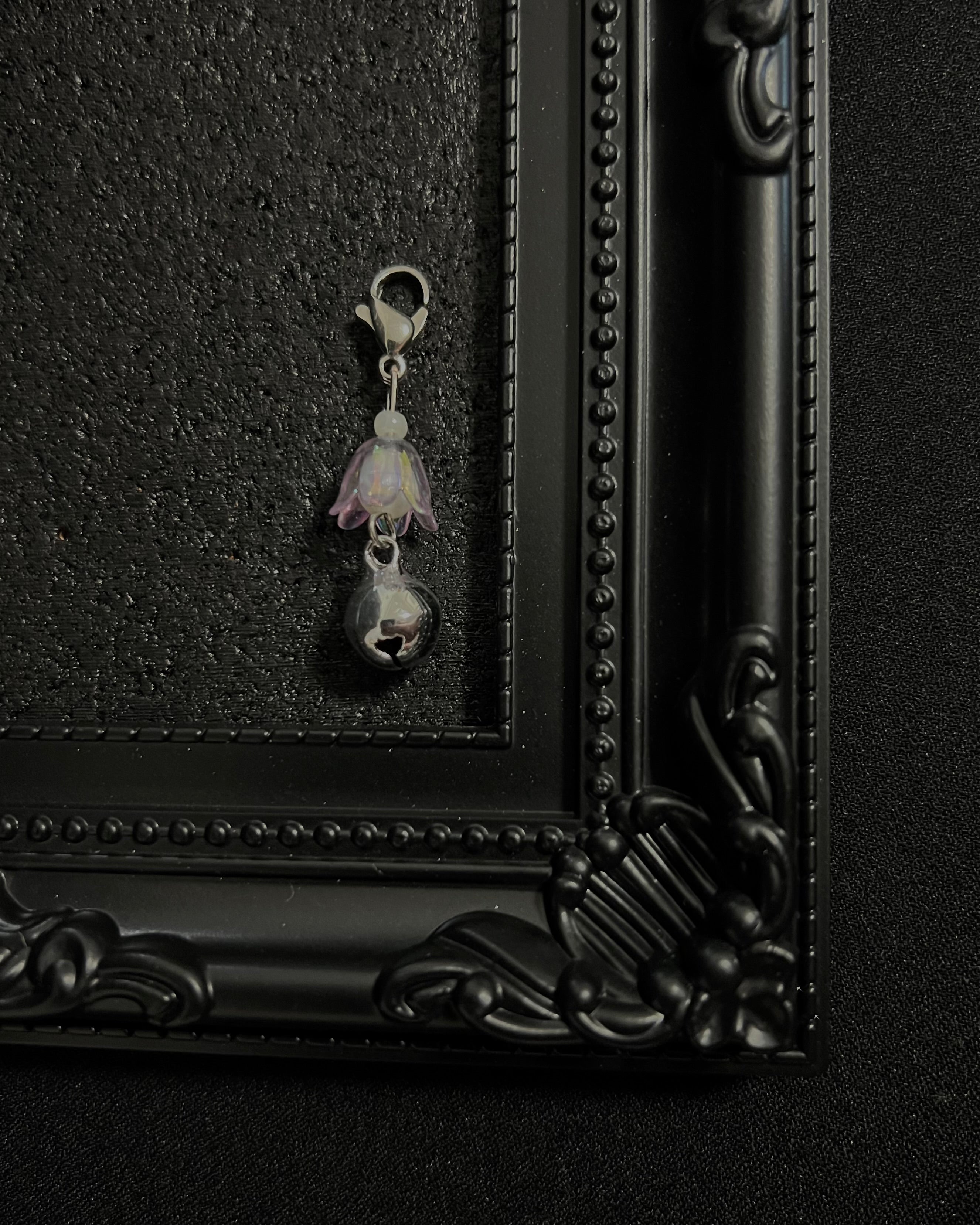 Cute Kawaii Adorable Handmade Crafted Cat and Kitty Bells for Felines to be connected to a collar. Purple and White Colour with Iridescent Flower. Coquette and Gothic Accessories for Cats