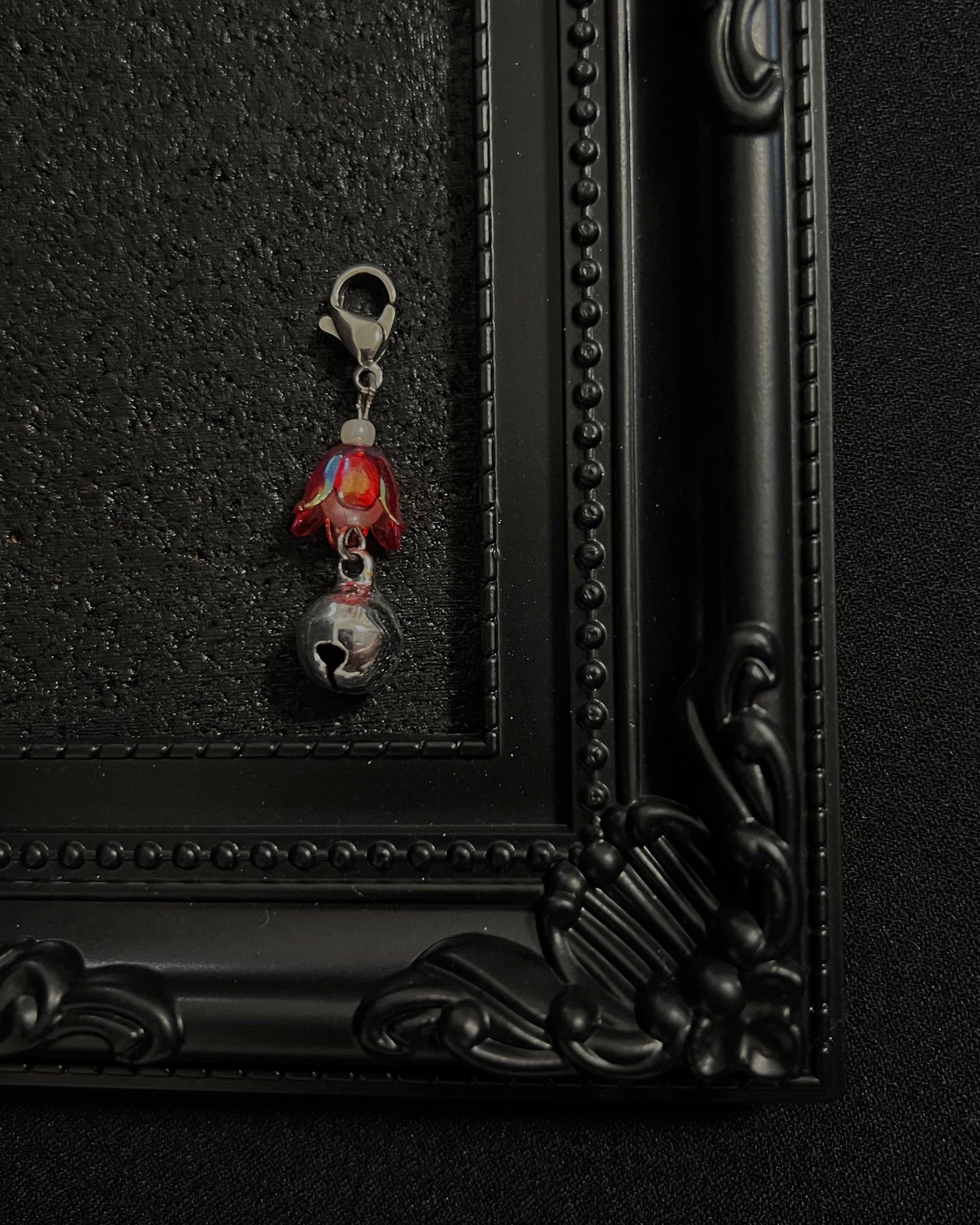 Cute Kawaii Adorable Handmade Crafted Cat and Kitty Bells for Felines to be connected to a collar. Red and White Colour with Iridescent Flower. Coquette and Gothic Accessories for Cats