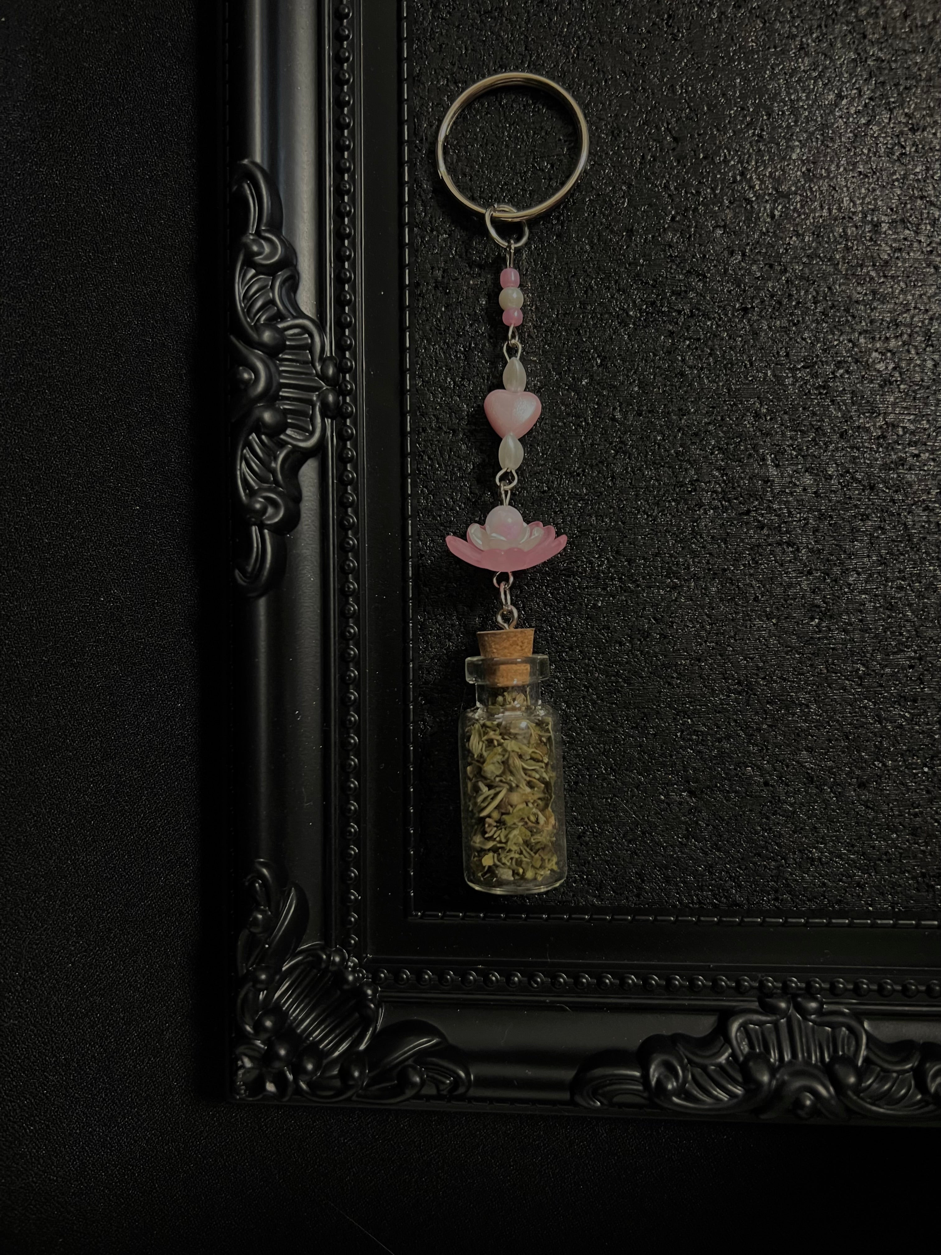 Ring Charms for Feline and Cat Lovers. Can be connected to keys and or a hand bag or backpack. Coquette and Gothic Accessories for Cat Owners and Cat Lovers. Pink Lotus flower and Pearl Pink Heart