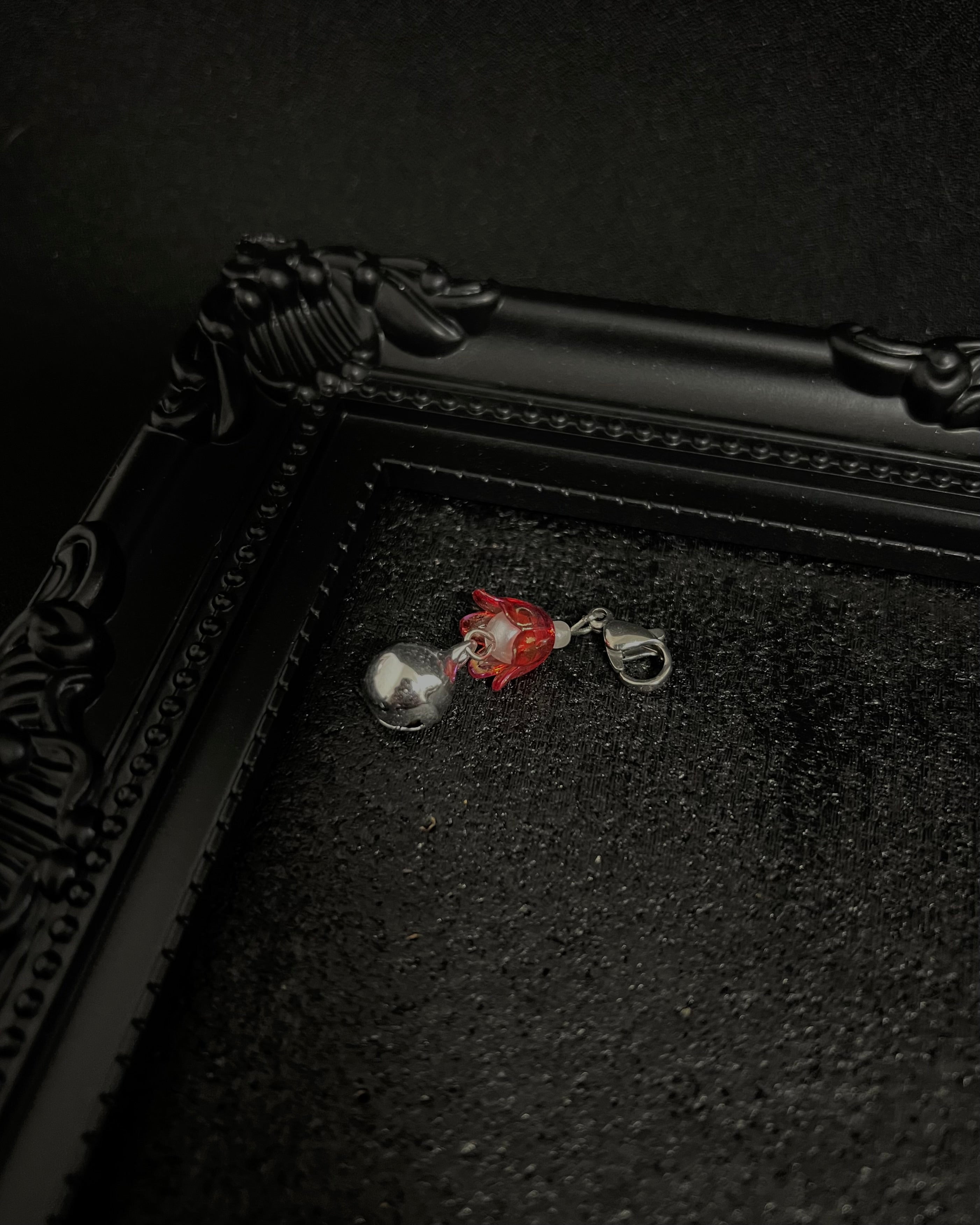 Cute Kawaii Adorable Handmade Crafted Cat and Kitty Bells for Felines to be connected to a collar. Red and White Colour with Iridescent Flower. Coquette and Gothic Accessories for Cats